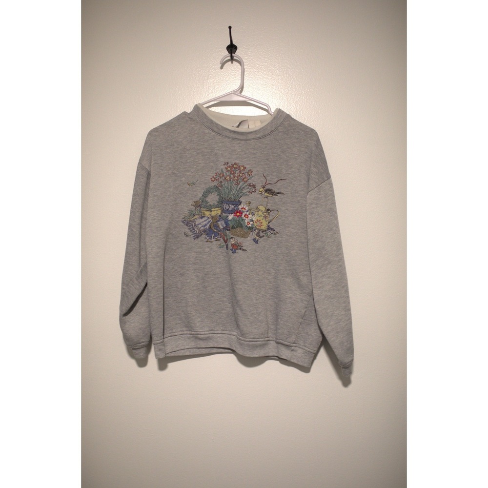 Vintage Bobbie Brooks Gray Floral Garden Bird Graphic Sweatshirt Crewneck M USA